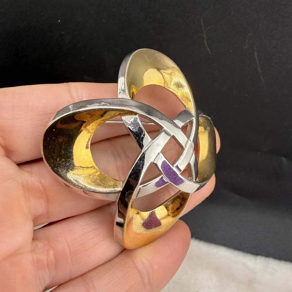 Vintage Trifari Brooch Atomic Celtic Silver And Gold Tone Signed